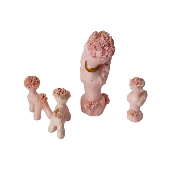 Vintage Spaghetti Pink Poodle with 3 Baby Poodles Figurine 1950's Japan - Picture 5 of 5